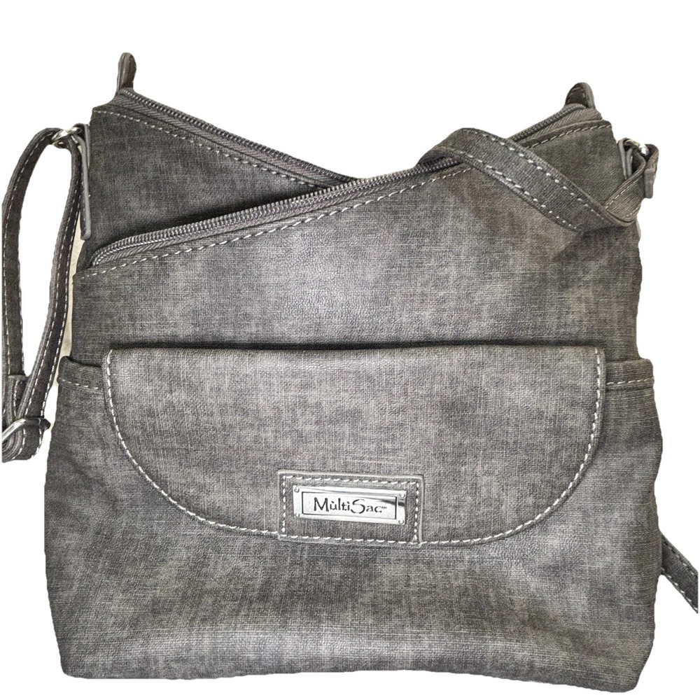 MultiSac‎ Gray Crossbody Bag Purse Handbag Zip Pockets Adjustable Strap Clean